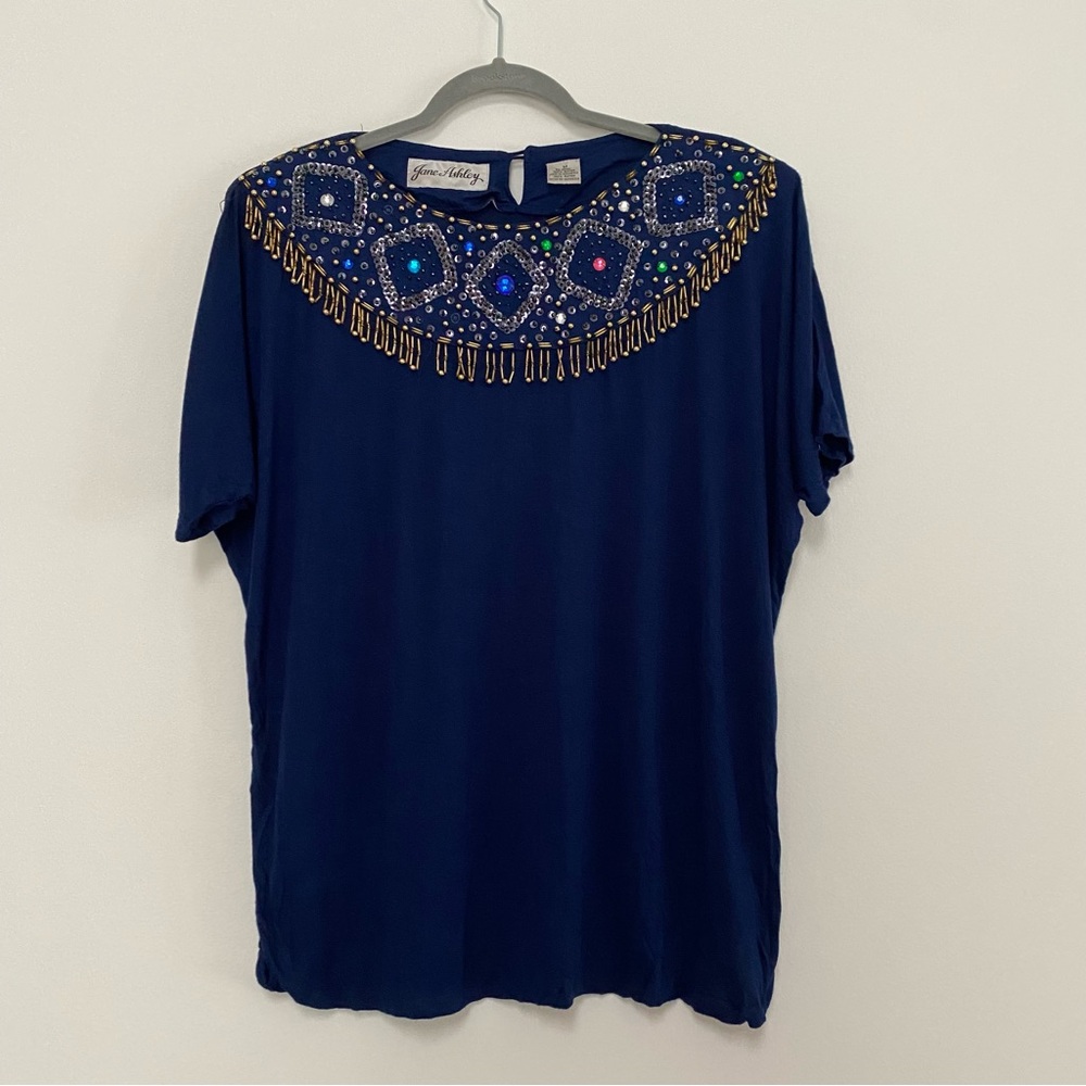 Jane Ashley Beaded Vintage Top Size Medium Blue